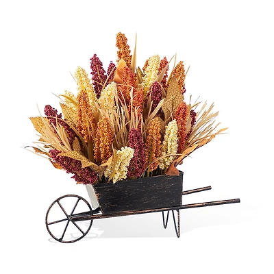 Glitzhome 15"H Fall Multi-Colored Sorghum Cart Centerpiece Thanksgiving Tabletop Decor
