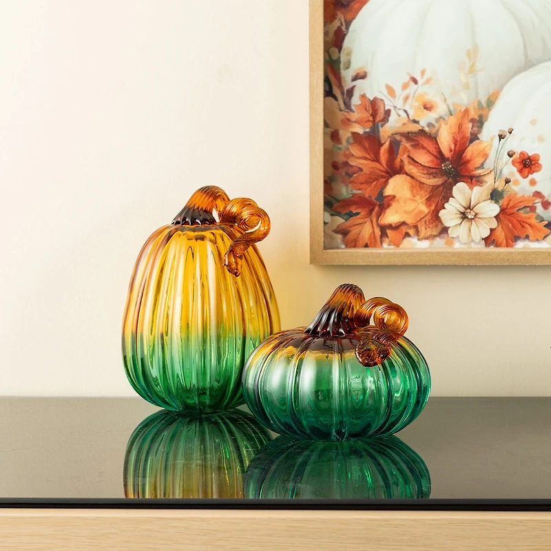 Glitzhome 7"H Gradient Turquoise Glass Pumpkin Thanksgiving Tabletop Decor