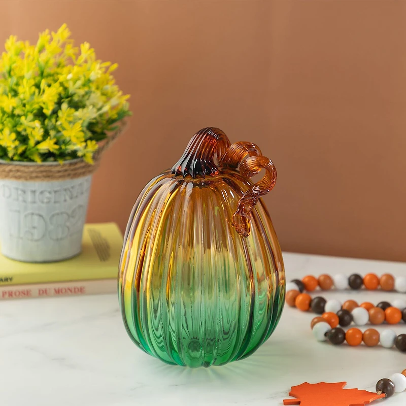 Glitzhome 7"H Gradient Turquoise Glass Pumpkin Thanksgiving Tabletop Decor
