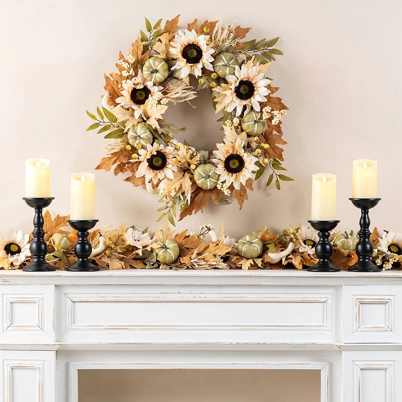 Glitzhome 72"L Fall Neutral Sunflower, Pumpkin And Leaf Garland Thanksgiving Tabletop Decor