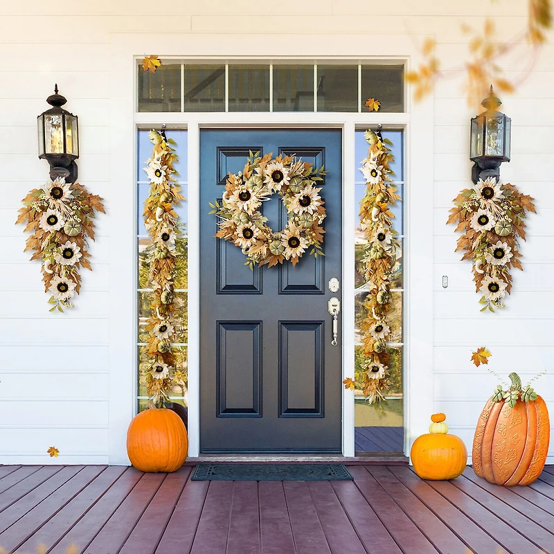 Glitzhome 72"L Fall Neutral Sunflower, Pumpkin And Leaf Garland Thanksgiving Tabletop Decor