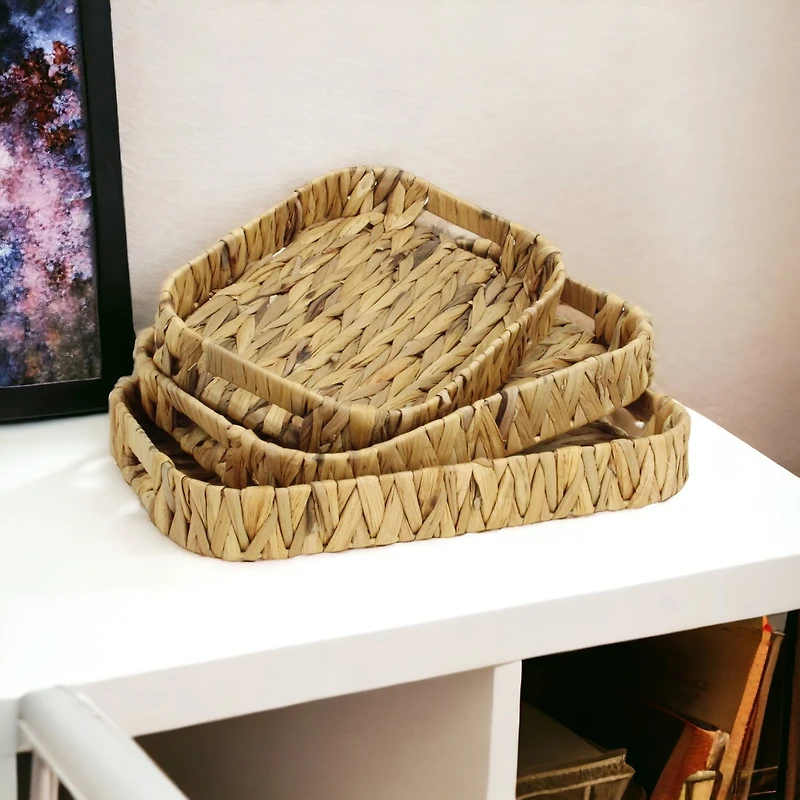 Water Hyacinth Woven Curved Basket Trays - Set of 3