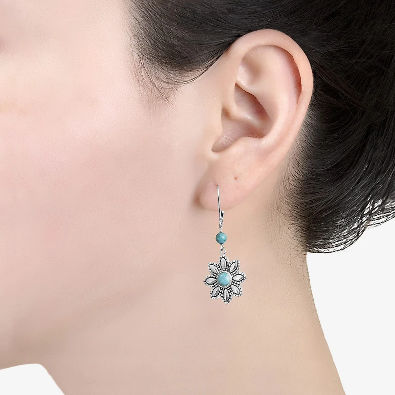 Womens Enhanced Blue Turquoise Sterling Silver Flower Drop Earrings