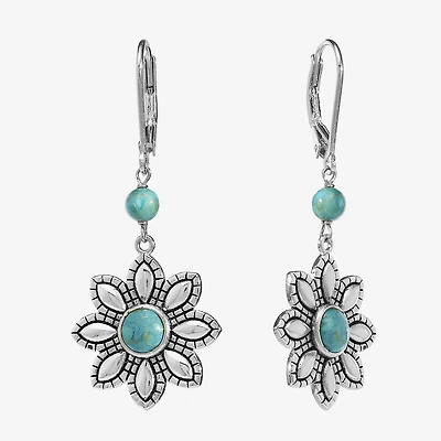 Womens Enhanced Blue Turquoise Sterling Silver Flower Drop Earrings