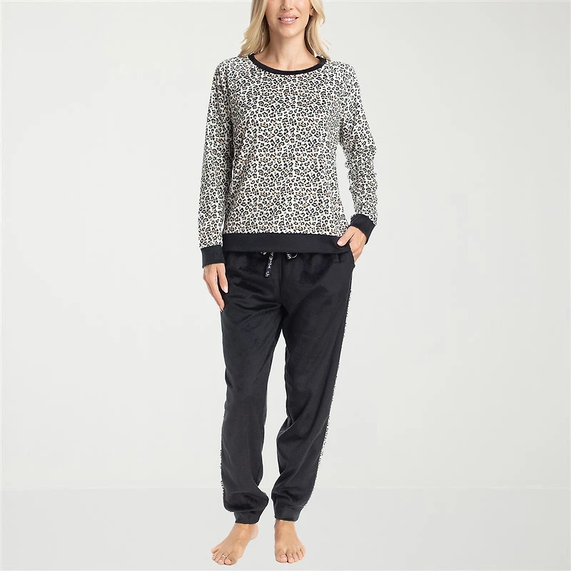Muk Luks Womens Microfleece Crew Neck Long Sleeve 2-pc. Pajama Set
