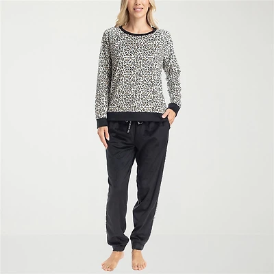 Muk Luks Womens Microfleece Crew Neck Long Sleeve 2-pc. Pajama Set