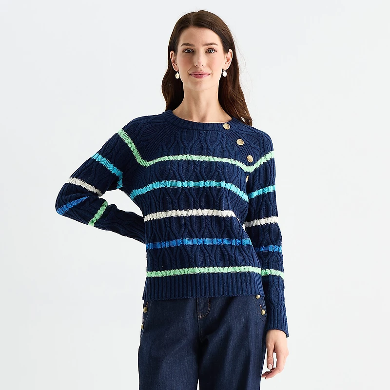 St. John's Bay Womens Crew Neck Long Sleeve Striped Cable Knit Pullover Sweater