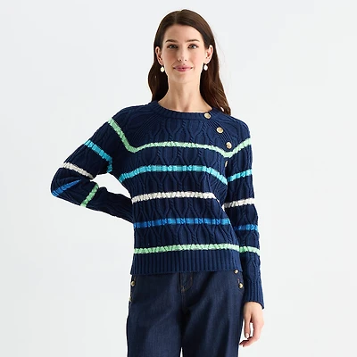 St. John's Bay Womens Crew Neck Long Sleeve Striped Cable Knit Pullover Sweater