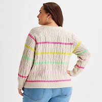 St. John's Bay Plus Womens Crew Neck Long Sleeve Striped Cable Knit Pullover Sweater