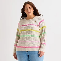 St. John's Bay Plus Womens Crew Neck Long Sleeve Striped Cable Knit Pullover Sweater