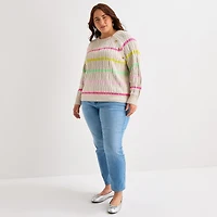 St. John's Bay Plus Womens Crew Neck Long Sleeve Striped Cable Knit Pullover Sweater