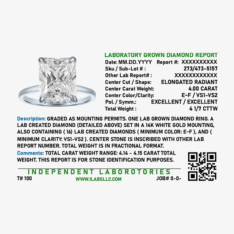 Bridal Addiction (E-F / Vs1-Vs2) Womens 4 1/7 Ct. T.W. Lab Grown White Diamond 14K Gold Rectangular Solitaire Engagement Ring