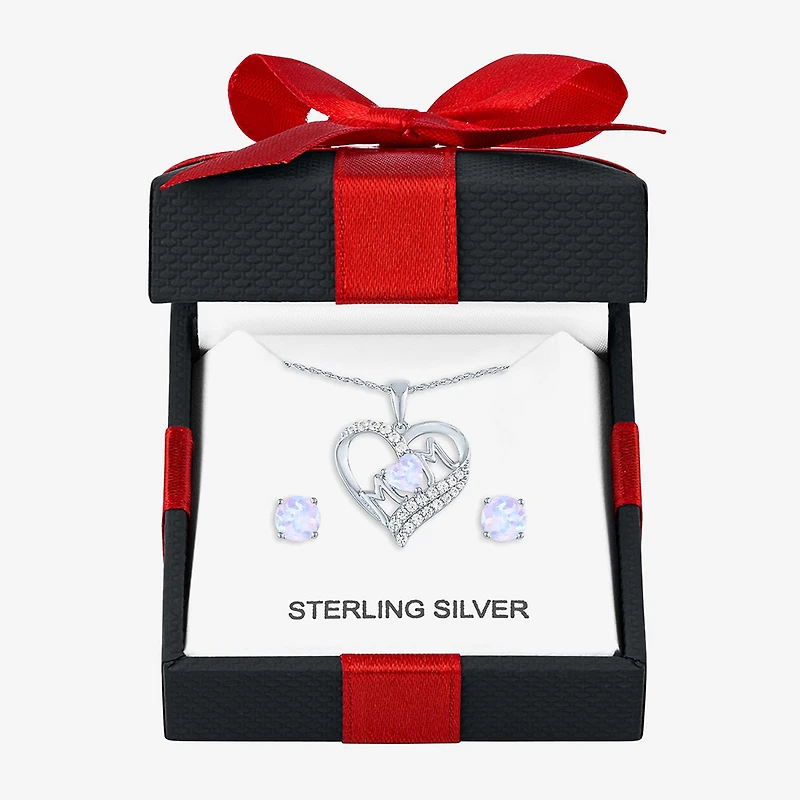 "Mom" Womens Lab Created Opal Sterling Silver Heart 2-pc. Jewelry Set