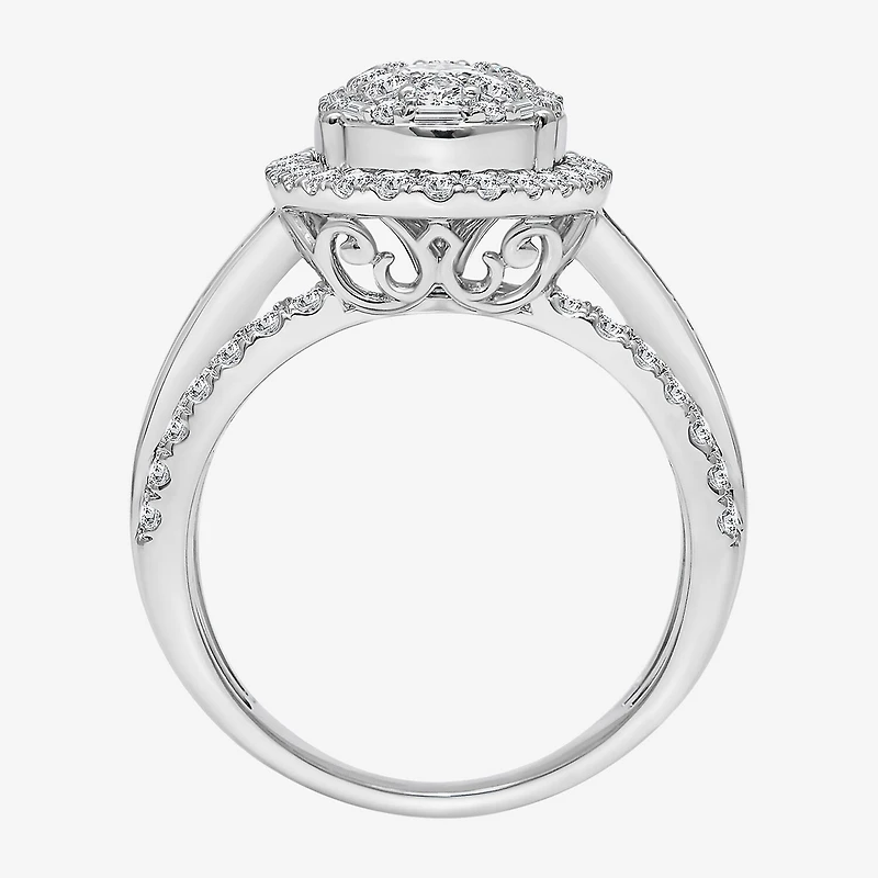 (I / I1) Womens 2 CT. T.W. Lab Grown White Diamond 10K Gold Oval Side Stone Engagement Ring