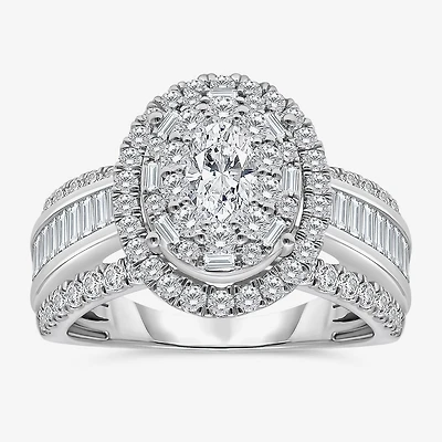 (I / I1) Womens 2 CT. T.W. Lab Grown White Diamond 10K Gold Oval Side Stone Engagement Ring