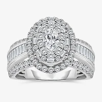 (I / I1) Womens 2 CT. T.W. Lab Grown White Diamond 10K Gold Oval Side Stone Engagement Ring
