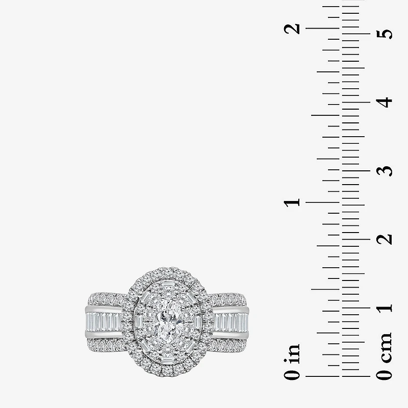 (I / I1) Womens 2 CT. T.W. Lab Grown White Diamond 10K Gold Oval Side Stone Engagement Ring
