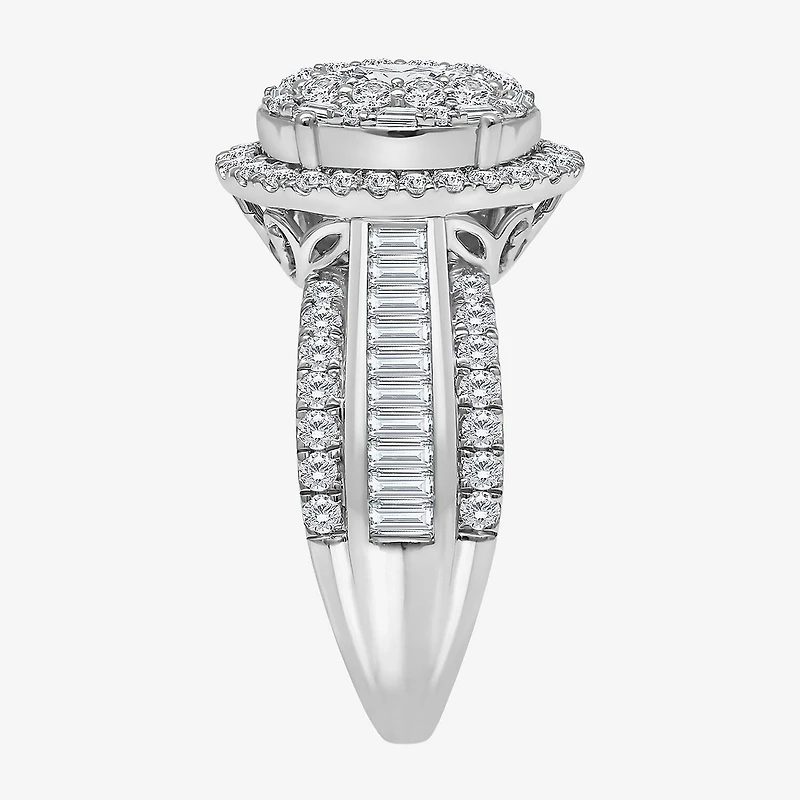 (I / I1) Womens 2 CT. T.W. Lab Grown White Diamond 10K Gold Oval Side Stone Engagement Ring