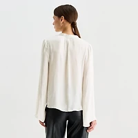 Worthington Womens Split Crew Neck Long Sleeve Satin Blouse