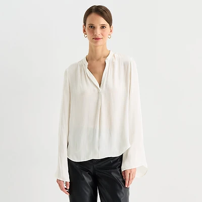 Worthington Womens Split Crew Neck Long Sleeve Satin Blouse