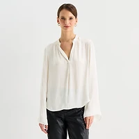Worthington Womens Split Crew Neck Long Sleeve Satin Blouse