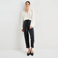Worthington Womens Split Crew Neck Long Sleeve Satin Blouse