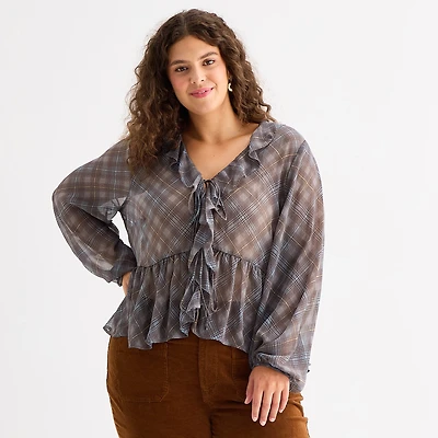 a.n.a Womens Plus Split Tie Neck Long Sleeve Blouse