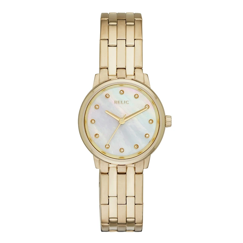 Relic® Perla Womens Crystal-Accent Gold-Tone Stainless Steel Bracelet Watch ZR34294