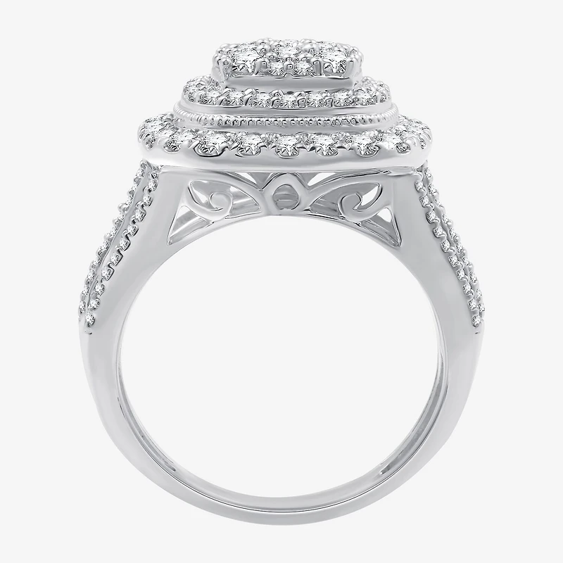 (G / Si1-Si2) Womens 2 CT. T.W. Lab Grown White Diamond 10K Gold Cushion Halo Side Stone Cocktail Ring