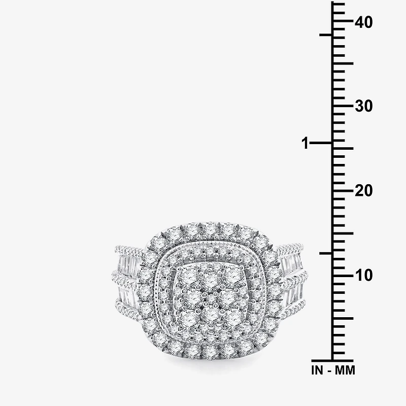 (G / Si1-Si2) Womens 2 CT. T.W. Lab Grown White Diamond 10K Gold Cushion Halo Side Stone Cocktail Ring