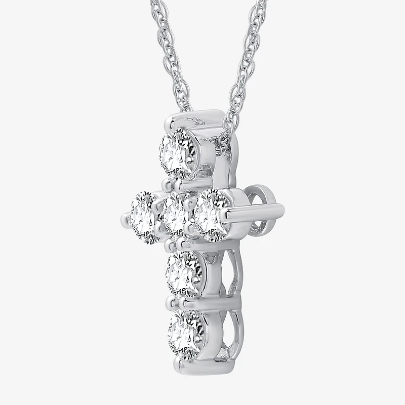 (G / Si1-Si2) Womens 1 CT. T.W. Lab Grown White Diamond 10K Gold Cross 18 Inch Pendant Necklace