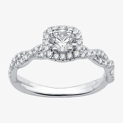 (G / Si1-Si2) Womens 1 CT. T.W. Lab Grown White Diamond 10K Gold Cushion Side Stone Halo Engagement Ring
