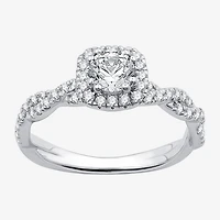 (G / Si1-Si2) Womens 1 CT. T.W. Lab Grown White Diamond 10K Gold Cushion Side Stone Halo Engagement Ring