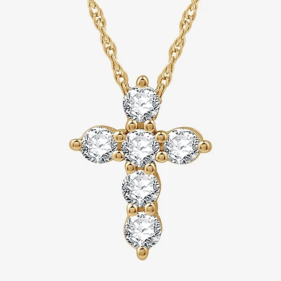 Womens 1/2 CT. T.W. Lab Grown White Diamond Sterling Silver Or 14K Gold Over Silver Cross Pendant Necklace