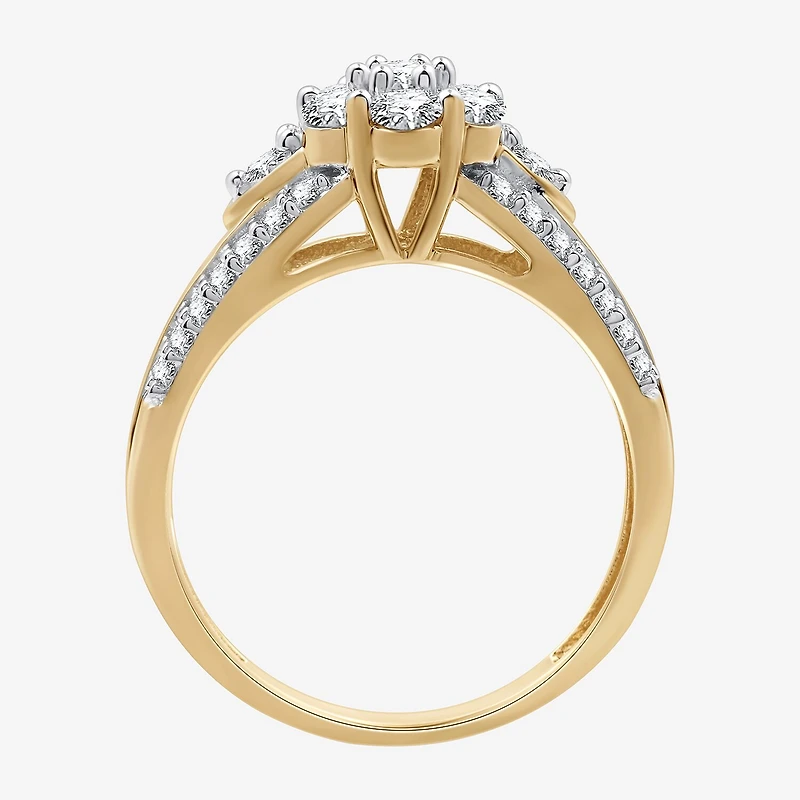Womens 1 CT. T.W. Lab Grown White Diamond 14K Gold Over Silver Sterling Flower Side Stone Cocktail Ring