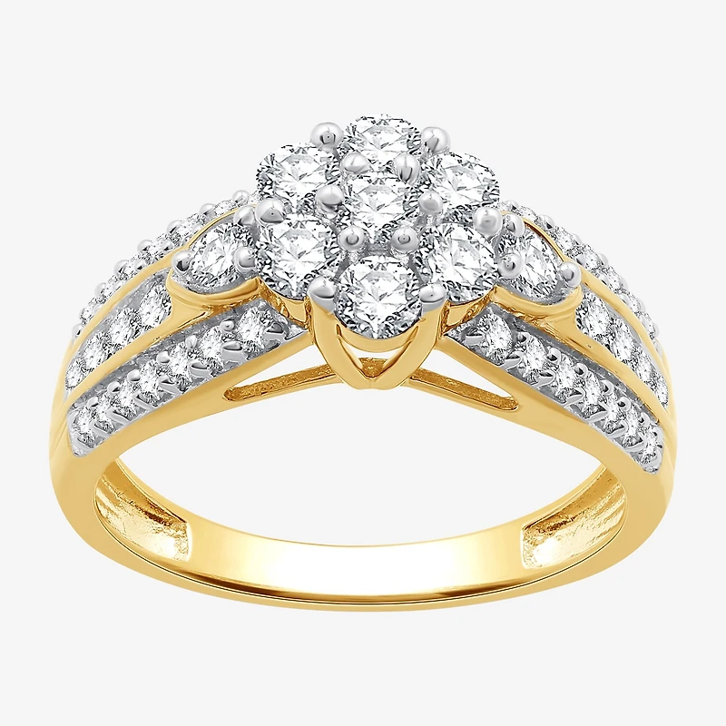 Womens 1 CT. T.W. Lab Grown White Diamond 14K Gold Over Silver Sterling Flower Side Stone Cocktail Ring