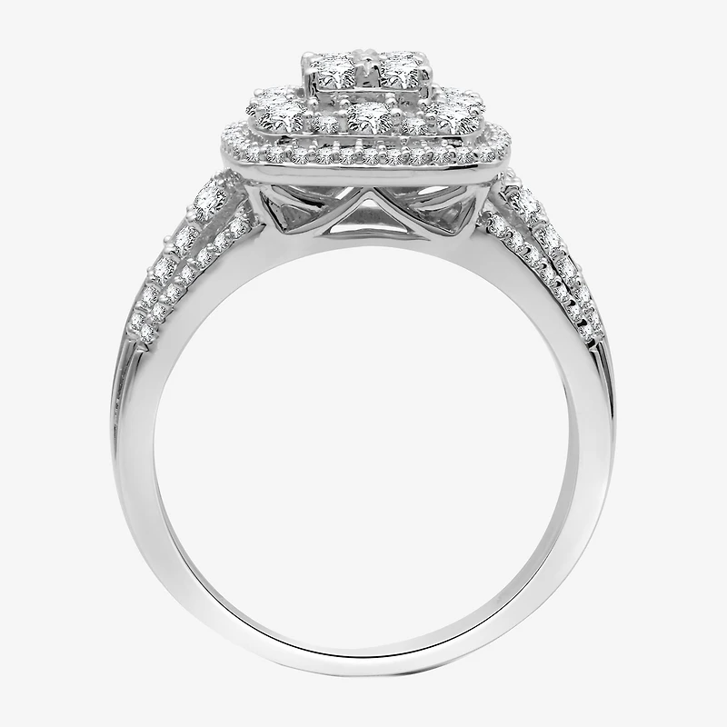 Womens 1 CT. T.W. Lab Grown White Diamond Sterling Silver Cushion Halo Side Stone Cocktail Ring