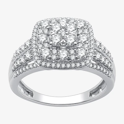 Womens 1 CT. T.W. Lab Grown White Diamond Sterling Silver Cushion Halo Side Stone Cocktail Ring