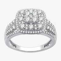 Womens 1 CT. T.W. Lab Grown White Diamond Sterling Silver Cushion Halo Side Stone Cocktail Ring
