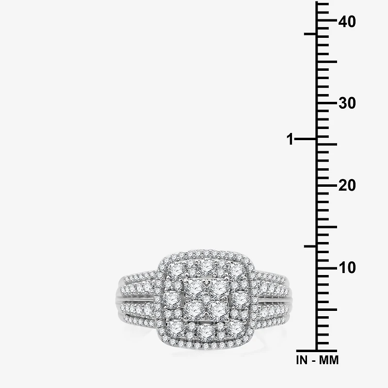 Womens 1 CT. T.W. Lab Grown White Diamond Sterling Silver Cushion Halo Side Stone Cocktail Ring