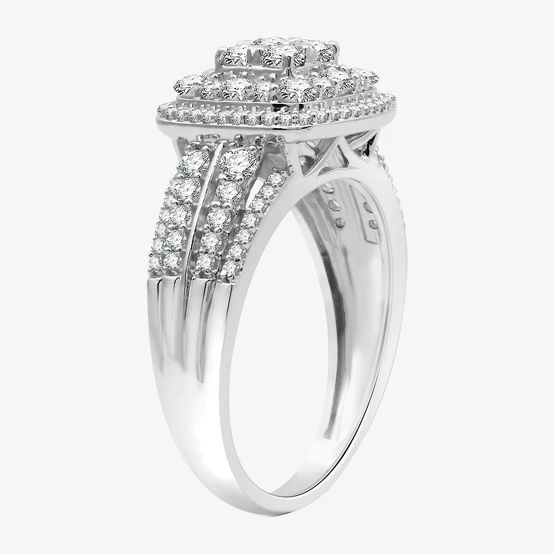 Womens 1 CT. T.W. Lab Grown White Diamond Sterling Silver Cushion Halo Side Stone Cocktail Ring