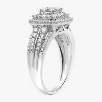 Womens 1 CT. T.W. Lab Grown White Diamond Sterling Silver Cushion Halo Side Stone Cocktail Ring