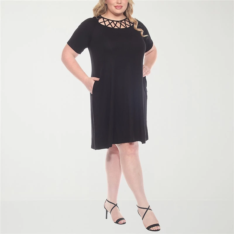 White Mark Womens Plus Round Neck Short Sleeve A-Line Dress