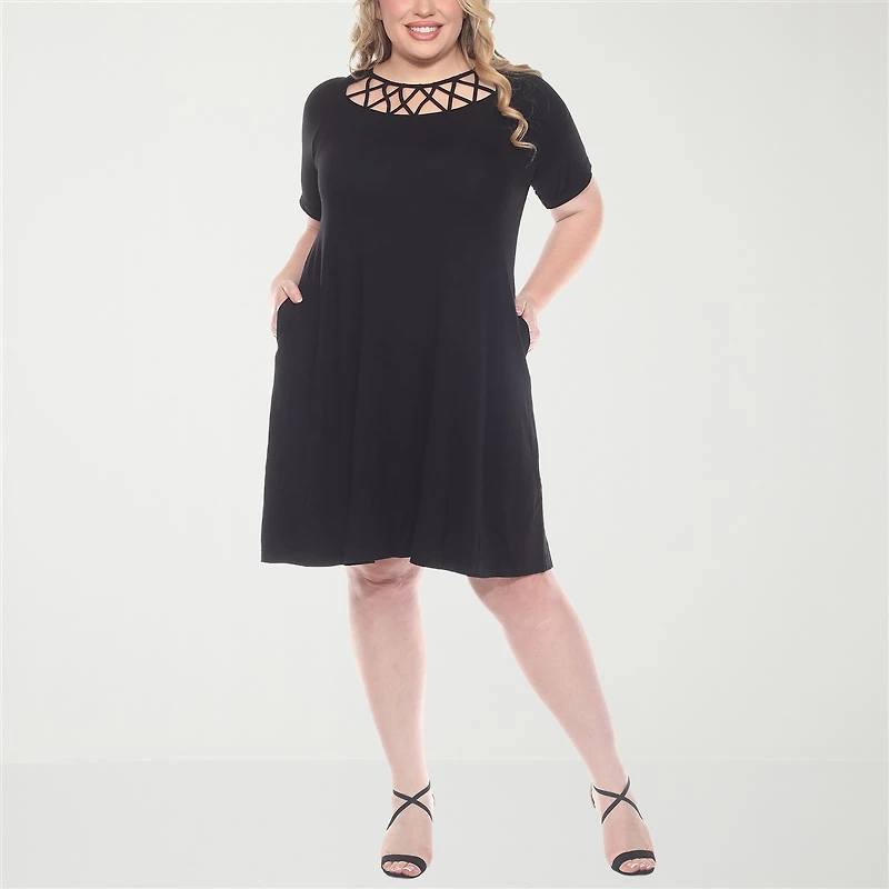 White Mark Womens Plus Round Neck Short Sleeve A-Line Dress