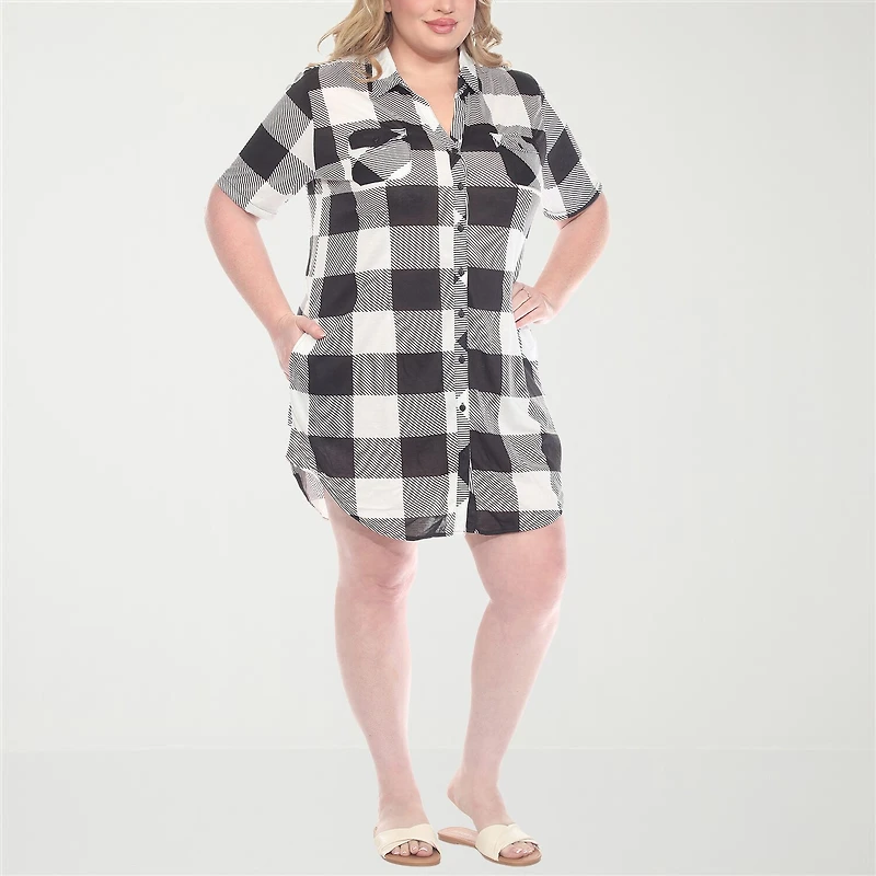 White Mark Womens Plus Short Sleeve Plaid Shirt Dress