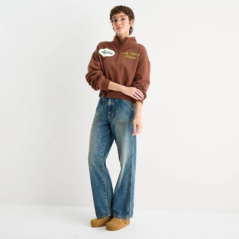 Womens Juniors High Neck Long Sleeve Stranger Things Quarter-Zip Pullover