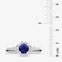 Womens 3/8 CT. T.W. Genuine Blue Sapphire 10K Two Tone Gold Round Halo Bridal Set