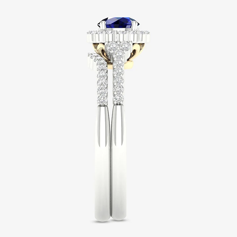 Womens 3/8 CT. T.W. Genuine Blue Sapphire 10K Two Tone Gold Round Halo Bridal Set