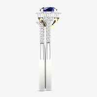 Womens 3/8 CT. T.W. Genuine Blue Sapphire 10K Two Tone Gold Round Halo Bridal Set