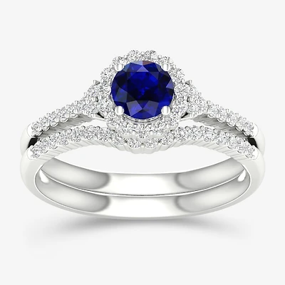 Modern Bride Gemstone Womens 14K Two Tone Gold Round Halo Bridal Set